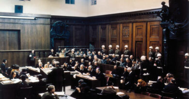 A view of Room 600 at the Palace of Justice during proceedings against leading Nazi figures at the International Military Tribunal (IMT), Nuremberg, Germany, 1945. (Photo by Raymond D'Addario/Galerie Bilderwelt/Getty Images)