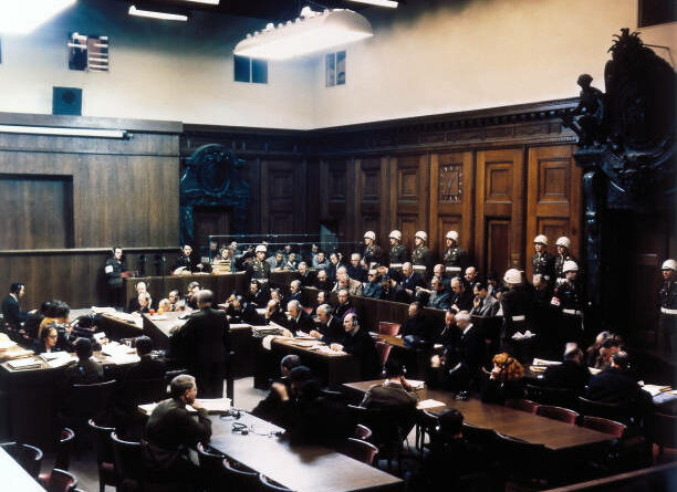 A view of Room 600 at the Palace of Justice during proceedings against leading Nazi figures at the International Military Tribunal (IMT), Nuremberg, Germany, 1945. (Photo by Raymond D'Addario/Galerie Bilderwelt/Getty Images)